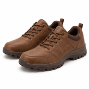 Brown Rugged Flex Leather-Look Trail Shoes on a white background