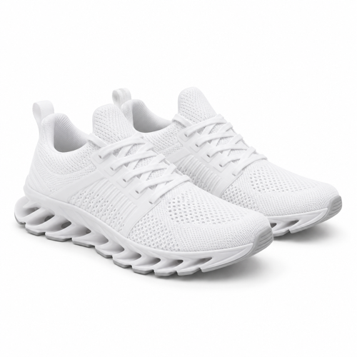 White Flex-Blade Knit Running Shoes on a white background
